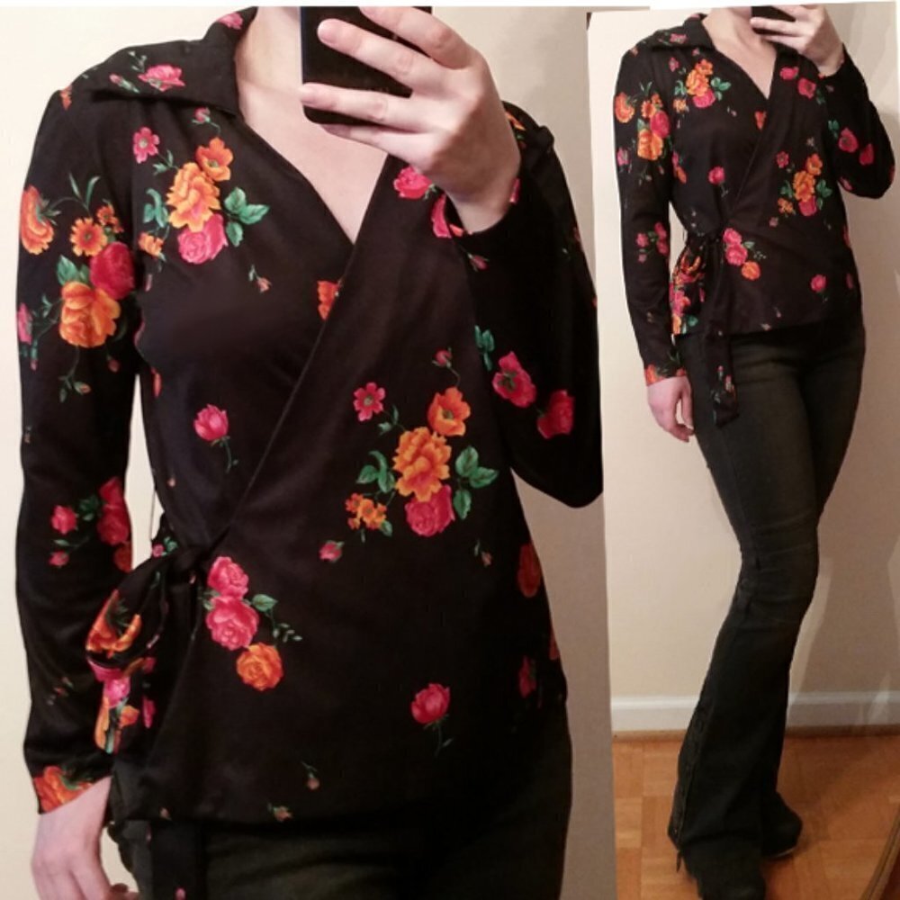 Vintage 70's boho bright floral wrap top aprox S/M